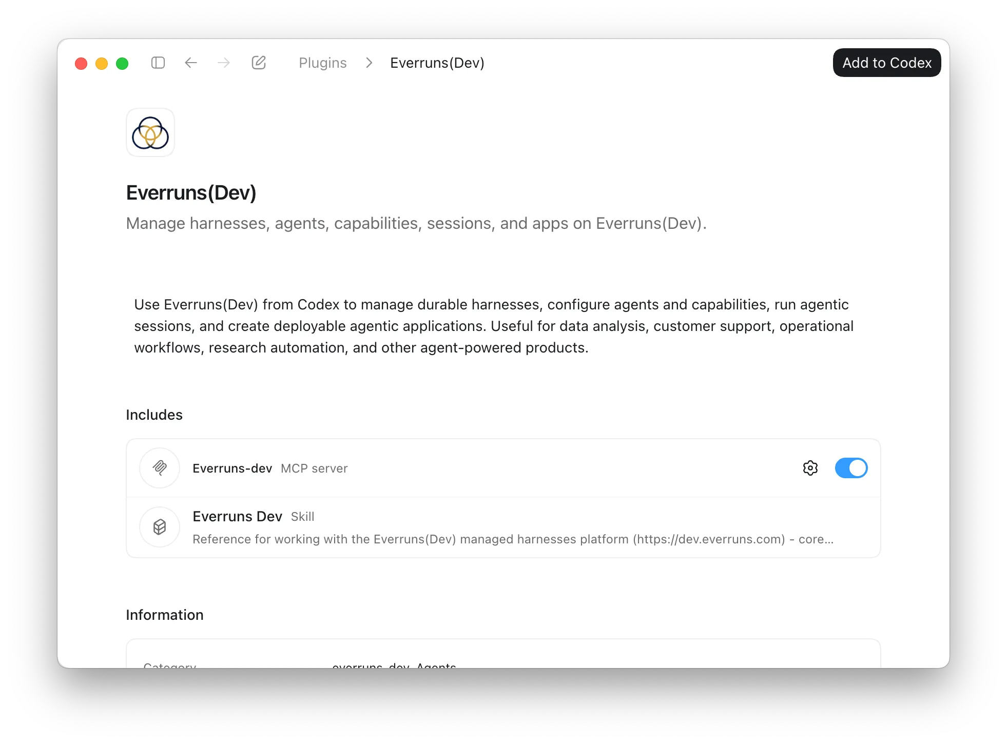 Everruns Dev plugin page in Codex showing the Add to Codex button